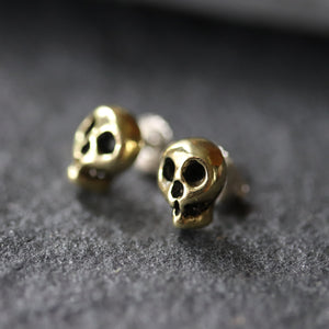 Yellow Brass Skull Stud Earrings
