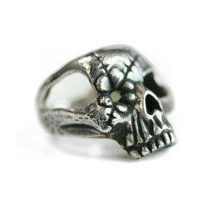 Sterling Silver Hammer Textured Flower Skull Ring