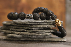 14K GF Brass Mini Skull Bracelet with Lava Rock Beads